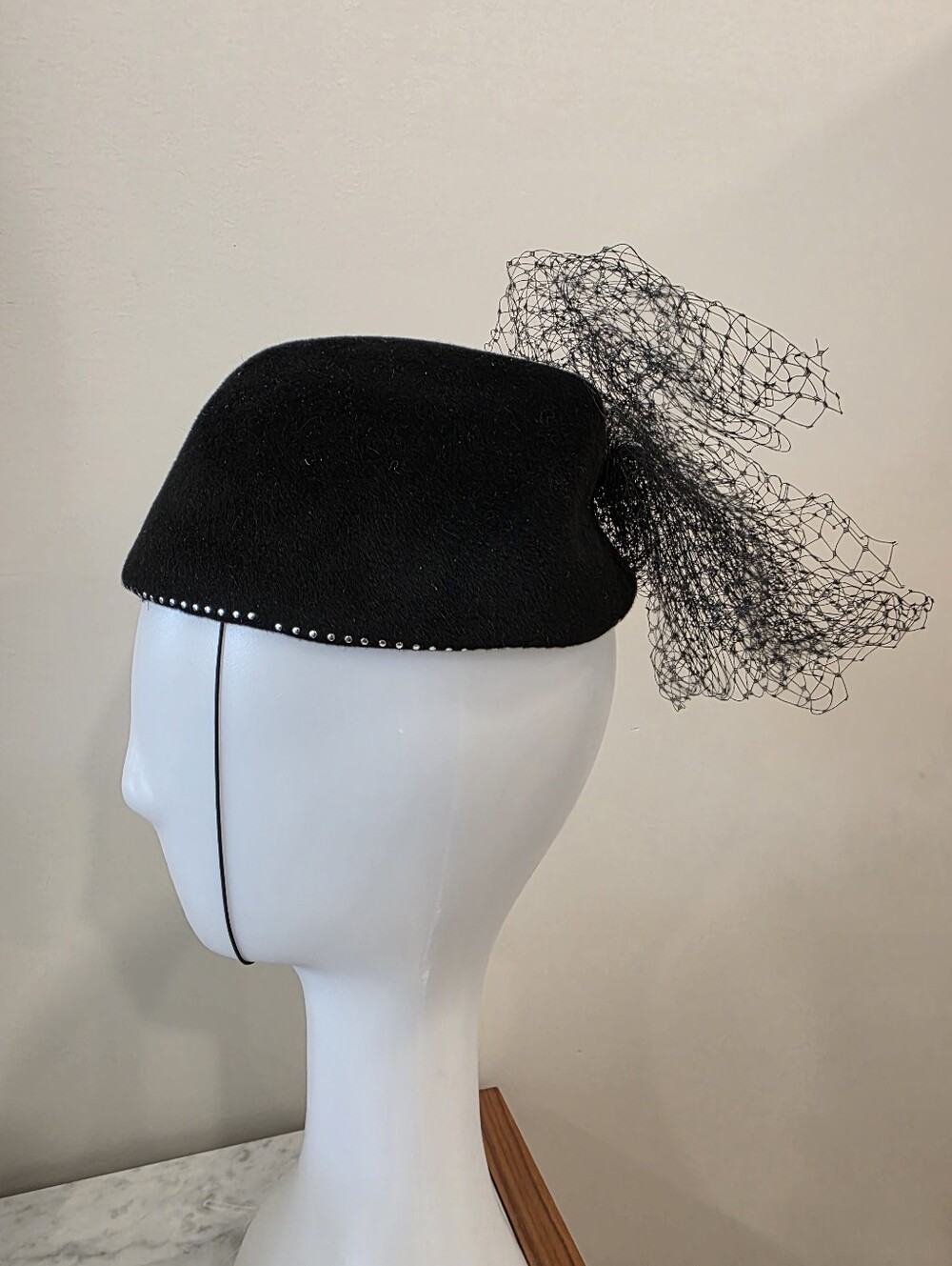Lola Hats Vintage Black Veiled Pillbox Hat with Netting